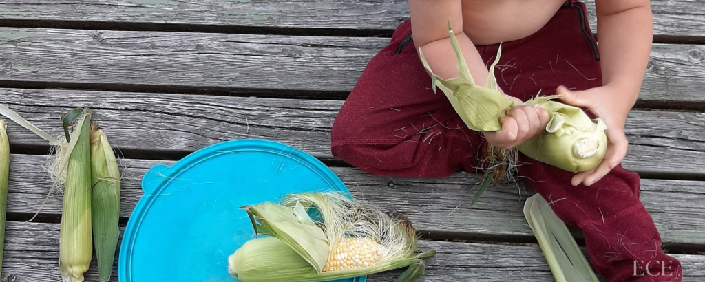 child husking corn